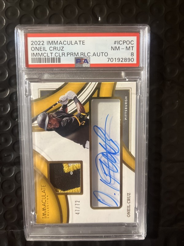 2022 Panini Immaculate O’Neil Cruz  Game Worn Patch Auto  RC #47/72 #ICPOC PSA8