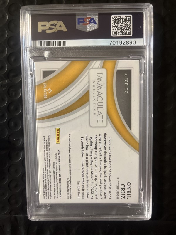 2022 Panini Immaculate O’Neil Cruz  Game Worn Patch Auto  RC #47/72 #ICPOC PSA8 view 2