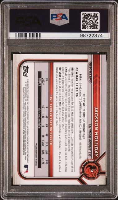 2022 Bowman Draft Chrome Jackson Holliday 1st Bowman #BDC168 PSA 9 view 2