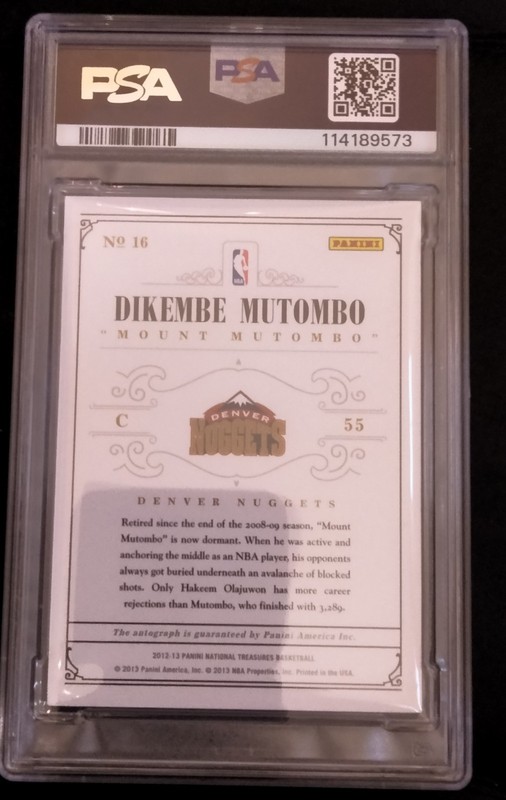 2012-13 Panini National Treasures Notable Nicknames / 49 Dikembe Mutomb Auto PSA view 2