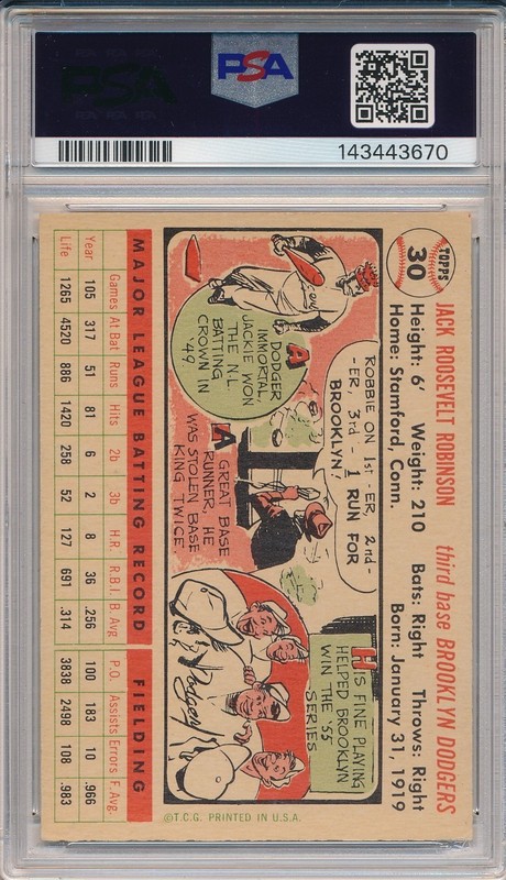 1956 TOPPS #30 JACKIE ROBINSON, WHITE BACK - PSA 6 EX-MT (SVSC) FRESHLY GRADED! view 2