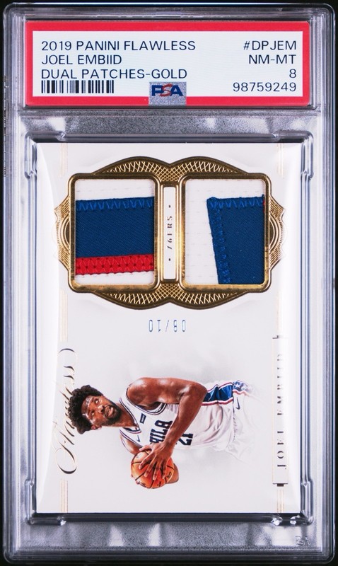 Joel Embiid 2019-20 Panini Flawless Dual Game-Worn Jersey Patches Gold /10 PSA 8