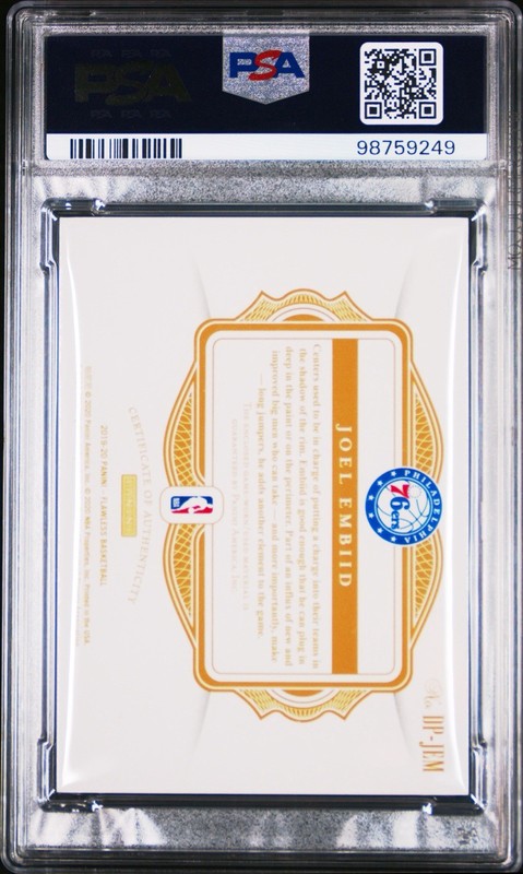 Joel Embiid 2019-20 Panini Flawless Dual Game-Worn Jersey Patches Gold /10 PSA 8 view 2