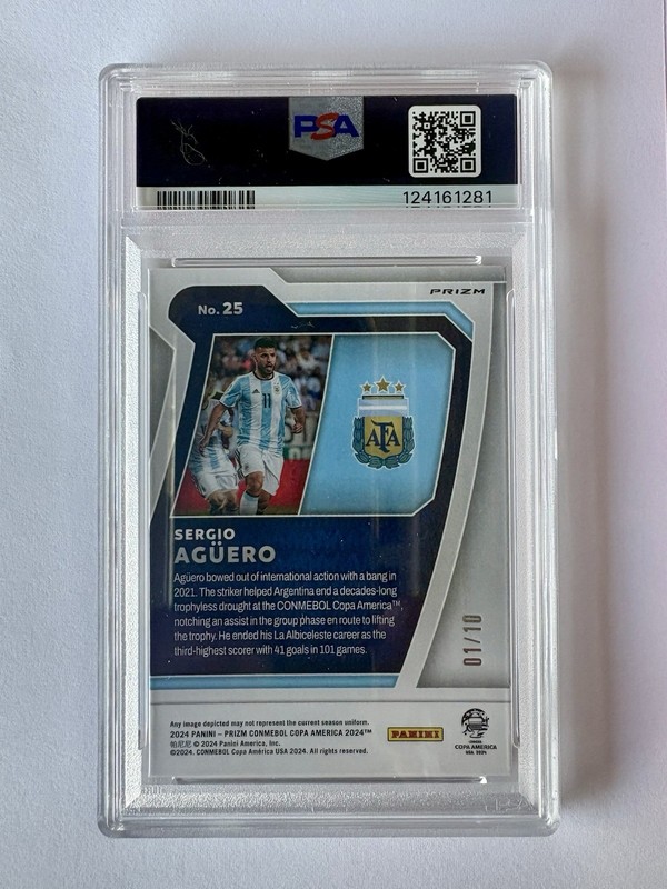 2024 Panini Prizm Sergio Aguero PSA 10 GEM MINT Gold Prizm SSP #01/10 Card #25 view 2