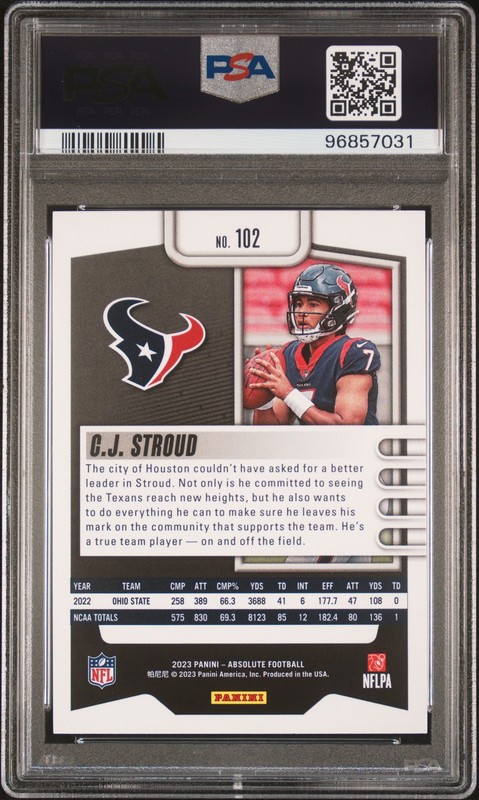 2023 Panini Absolute #102 CJ Stroud Blue RC PSA 10 view 2