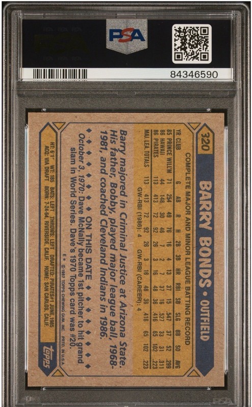 1987 Topps #320 Barry Bonds Rookie Card PSA 9 Mint -  Incomplete “3” on back view 2