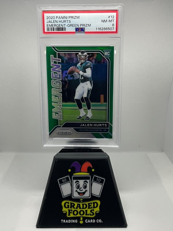 2020 Panini Prizm #12 - Jalen Hurts - Emergent Green Prizm RC - PSA 8 - Eagles