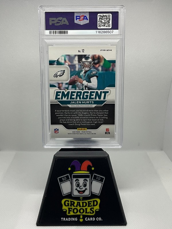 2020 Panini Prizm #12 - Jalen Hurts - Emergent Green Prizm RC - PSA 8 - Eagles view 2