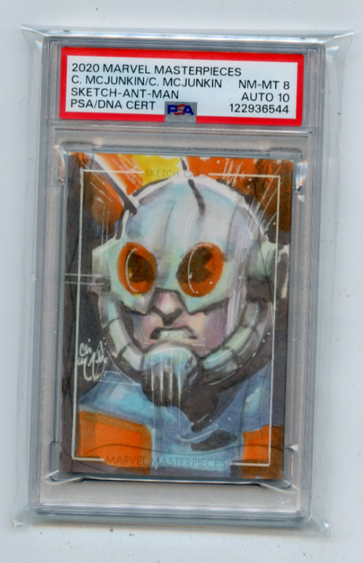 2020 MARVEL MASTERPIECES CHRIS McJUNKIN SKETCH CARD ANT-MAN #1/1, PSA 8, AUTO 10