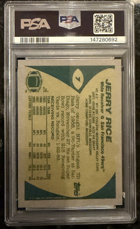 1989 Topps Football Jerry Rice #7 PSA 10 GEM-MT HOF 49ERS NEW LABEL view 2