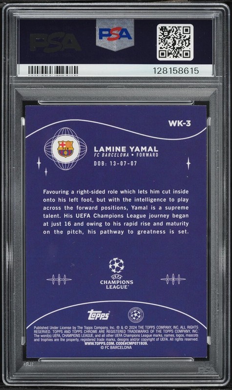 2023 Topps Chrome UEFA Wonderkids Sapphire Lamine Yamal ROOKIE #3 PSA 8 NM-MT view 2