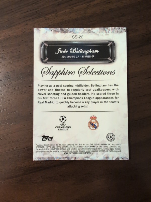 2023-24 Jude Bellingham Topps Chrome Uefa Club Competitions Sapphire Edition SP view 2
