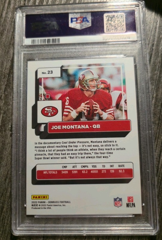 2022 Joe Montana Panini Donruss Press Proof Premim PSA 10 view 2