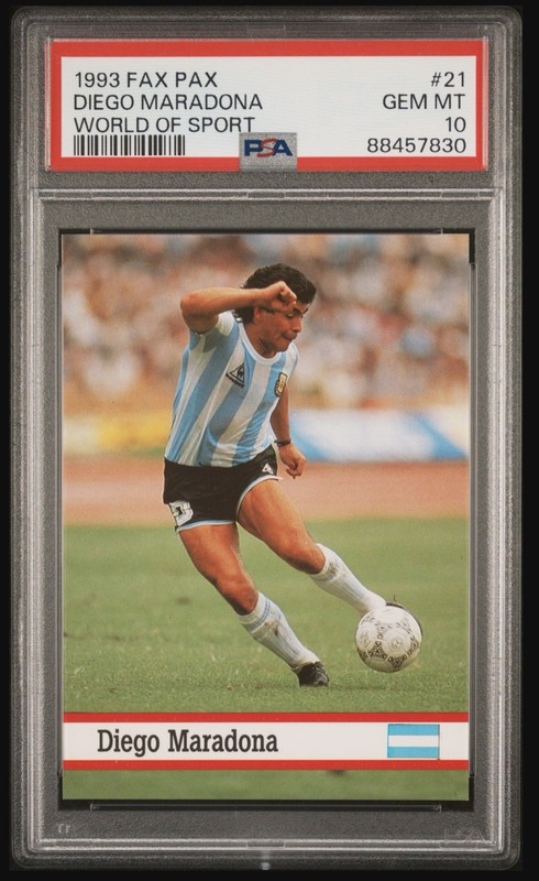 136690324 Diego Maradona 1993 Fax Pax World of Sport #21 PSA 10 Gem Mint Low Pop
