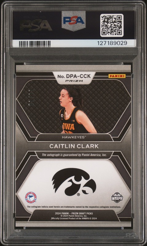 Caitlin Clark 2024 Panini Prizm Draft Picks #DPACCK Red Shimmer FOTL Auto PSA 10 view 2