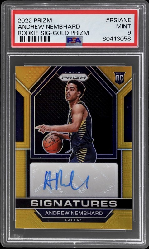 2022 Panini Prizm Andrew Nembhard /10 Rookie Gold Auto Signatures RC PSA 9