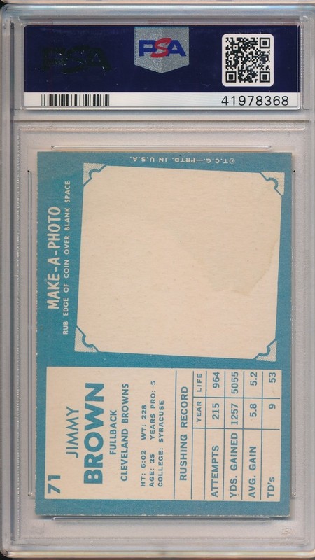 1961 TOPPS #71 JIM BROWN - PSA 6 EX-MT (SVSC) CENTERED! view 2
