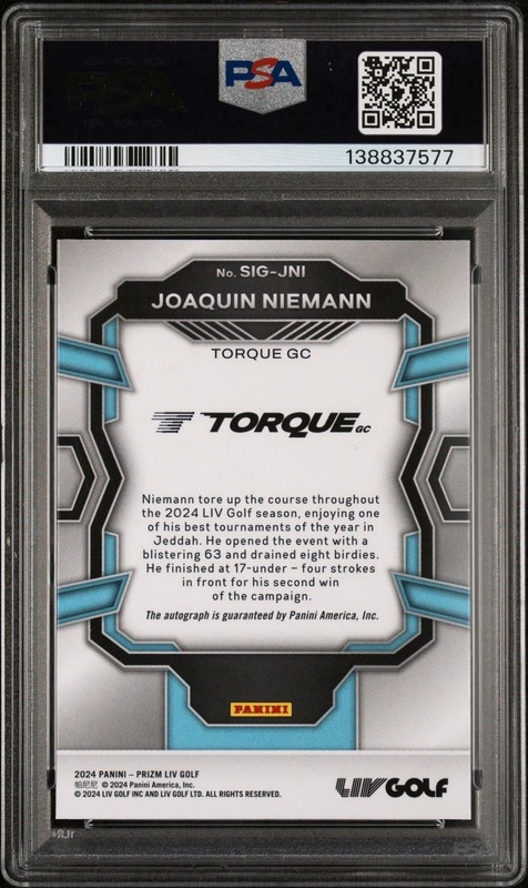 Joaquin Niemann 2024 Prizm LIV Golf Signatures Auto/Autograph #SIG-JNI PSA 10 RC view 2