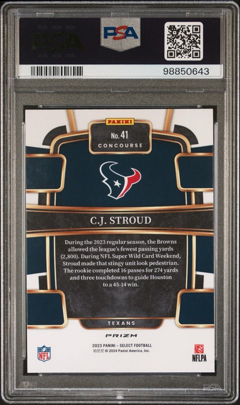 2023-24 Panini Select #41 C.J. Stroud RC Rookie Silver Prizm PSA 10 Gem Houston view 2