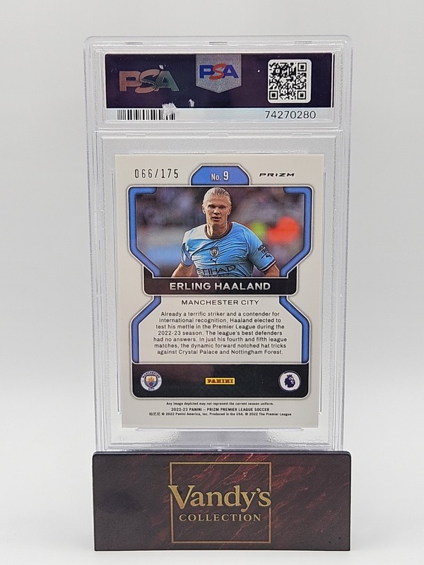 Panini 2022-23 Prizm Erling Haaland Blue #9 /175 PSA 8 Manchester City Soccer view 2