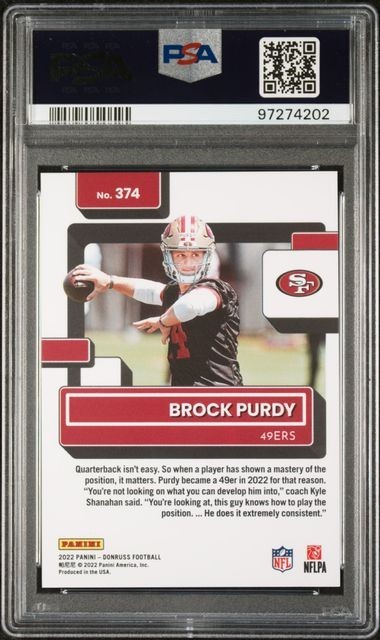 2022 Panini Donruss Premium Press Proof #374 Brock Purdy Rookie Graded PSA 10 view 2