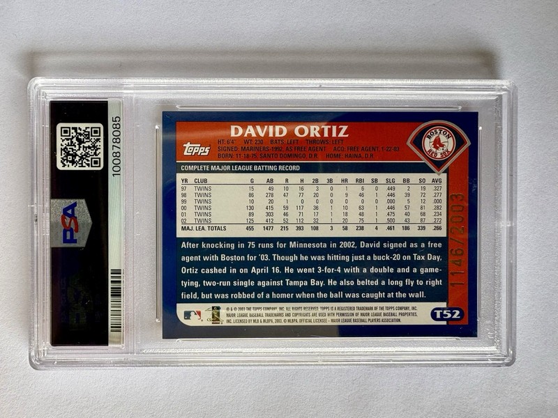 2003 Topps Traded David Ortiz PSA 9 Gold Parallel SP #/2003 Baseball Card #T52 view 2