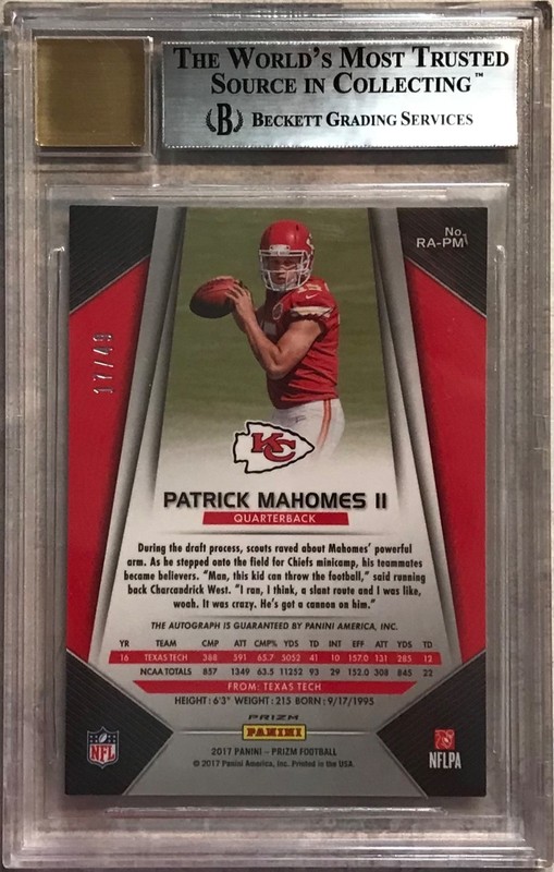 2017 Panini Prizm Patrick Mahomes #17/49 Red Power Prizm (RC) BGS 9 Mint 10 Auto view 2