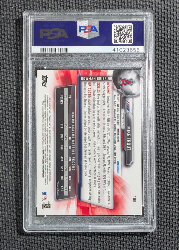 2017 Bowman Chrome Card #100 Mike Trout Graded PSA 10 Gem Mint view 2