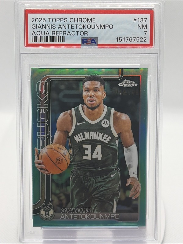 2025-26 Topps Chrome Aqua Refractor Pop 1 PSA 7 Giannis Antetokounmpo #137 /199