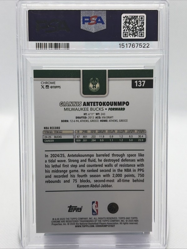 2025-26 Topps Chrome Aqua Refractor Pop 1 PSA 7 Giannis Antetokounmpo #137 /199 view 2