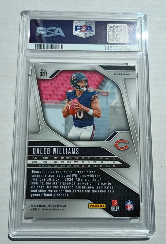 2024 PANINI PRIZM CALEB WILLIAMS RC PSA 8 ORANGE LAZER PRIZM #301  CHICAGO BEARS view 2