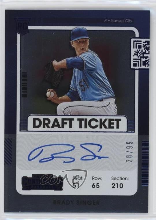2021 Panini Contenders Rookie Draft Ticket Blue 38/99 Brady Singer #120 Auto 9x7