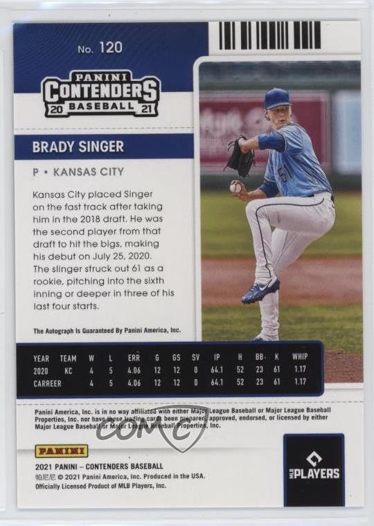 2021 Panini Contenders Rookie Draft Ticket Blue 38/99 Brady Singer #120 Auto 9x7 view 2