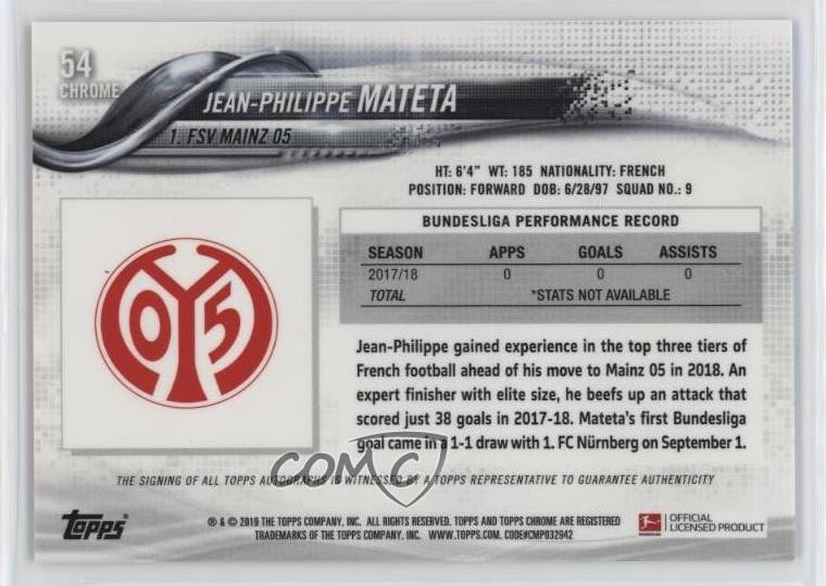 2018-19 Topps Chrome Bundesliga Auto Jean-Philippe Mateta #54 Auto 13iq view 2