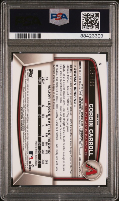 2023 Bowman Chrome Corbin Carroll RC Refractor /499 PSA 10 Diamondbacks RA1 view 2