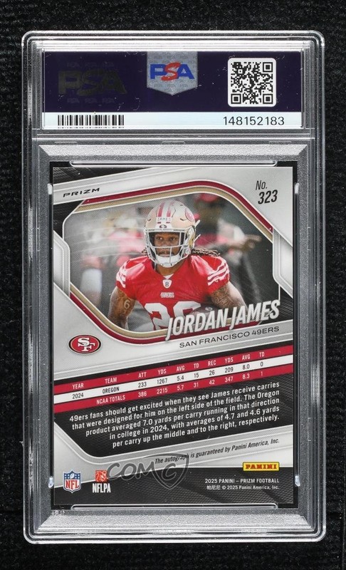 2025 Panini Prizm Rookies Silver Jordan James #323 PSA 10 GEM MT Auto 14mf view 2