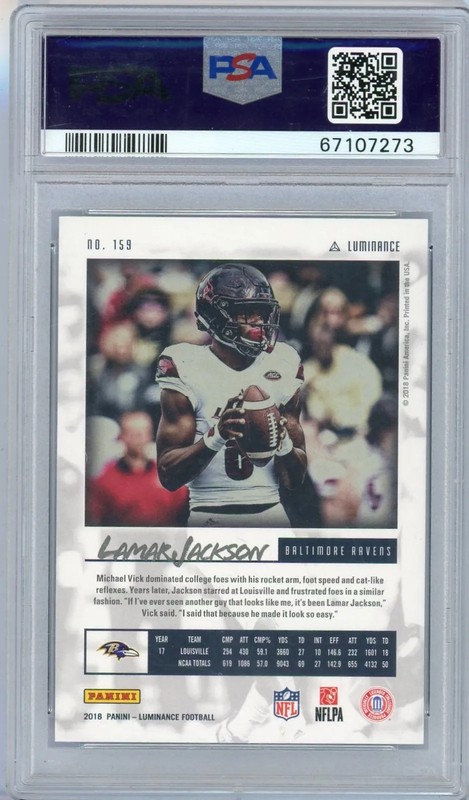 2018 Panini Luminance Lamar Jackson #159 PSA 9 Gold Rookie Card RC Ravens view 2