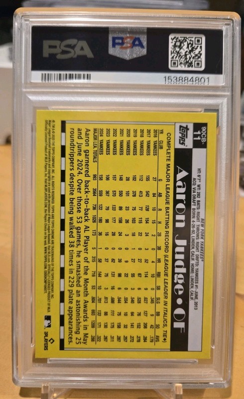 2025 Topps Chrome 1990 Topps Insert Card: Aaron Judge #90CB11 PSA 8 - Yankees view 2