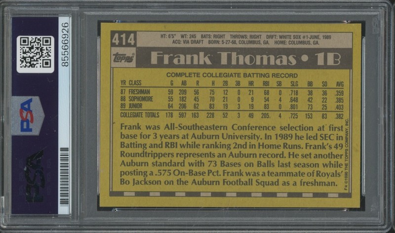 1990 Topps #414 Frank Thomas Autograph RC Rookie Gem Mint PSA DNA 10 Auto view 2