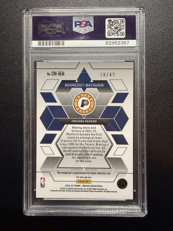 Panini Mosaic Bennedict Mathurin Blue Prizm Rookie Auto #CM-BEN /49 PSA 10 view 2