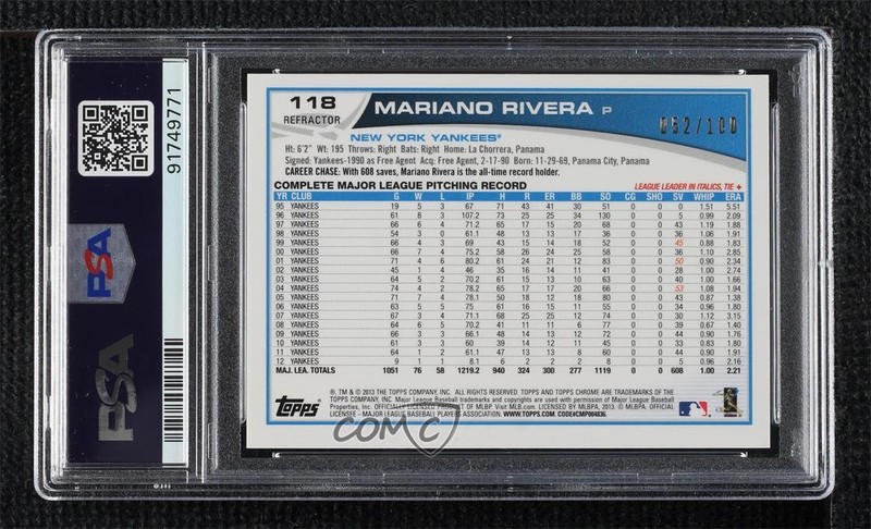 2013 Topps Chrome Black Refractor 52/100 Mariano Rivera #118 PSA 8 HOF 7xr view 2