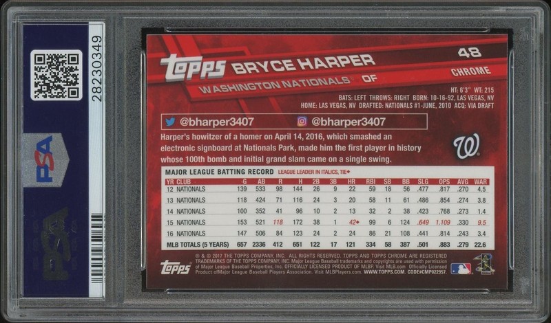 2017 Topps Chrome Baseball #48 Bryce Harper Red Jersey Refractor PSA 10 (GEM MT) view 2