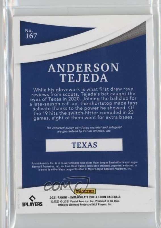 2021 Immaculate Rookie Jersey Number 63/71 Anderson Tejeda #167 Patch Auto 16hd view 2