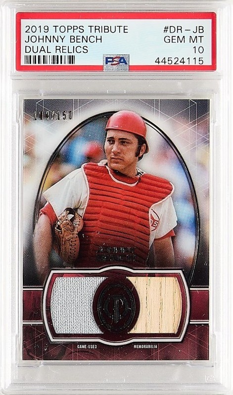 POP 1 PSA 10 2019 Topps Tribute JOHNNY BENCH Dual Relic Jersey Patch Bat /150 SP
