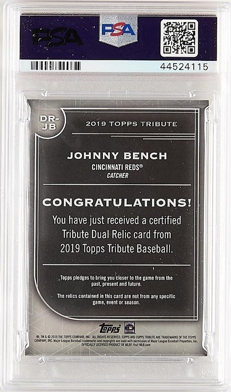 POP 1 PSA 10 2019 Topps Tribute JOHNNY BENCH Dual Relic Jersey Patch Bat /150 SP view 2