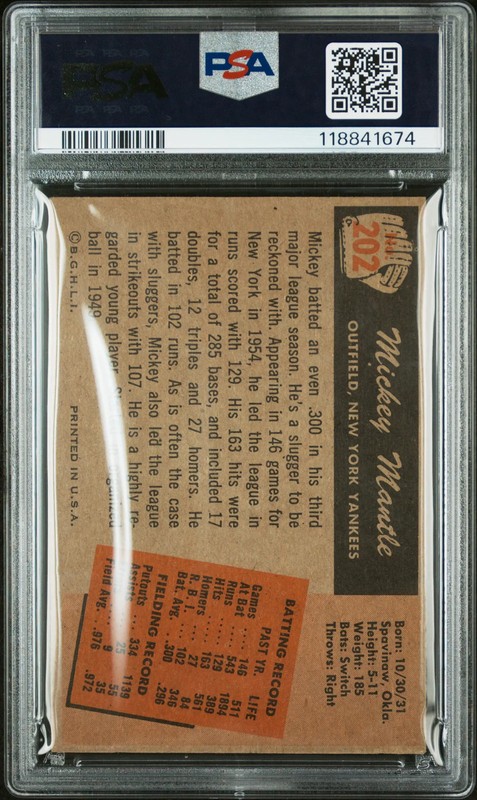 1955 Bowman Mickey Mantle #202 PSA 2 Vintage Baseball New Label Yankees HOF view 2