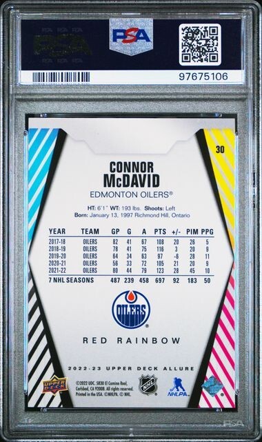 2022 Upper Deck Allure 30 Connor McDavid Red Rainbow PSA 10 Refractor SP view 2