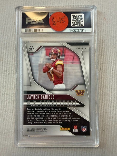 2024 Panini Prizm Pink Prizm Jayden Daniels Washington Commanders #347 RC PSA 9 view 2