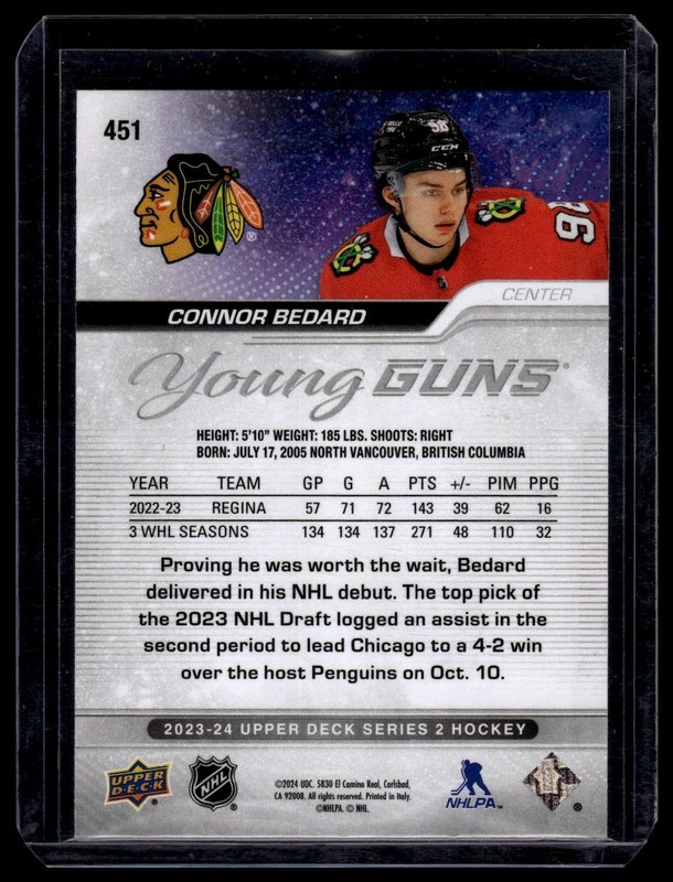2023-24 Upper Deck #451 Connor Bedard B view 2