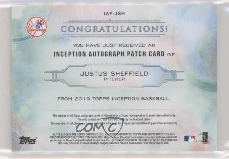 2019 Topps Inception 146/160 Justus Sheffield #IAP-JSH Patch Auto 6fs view 2